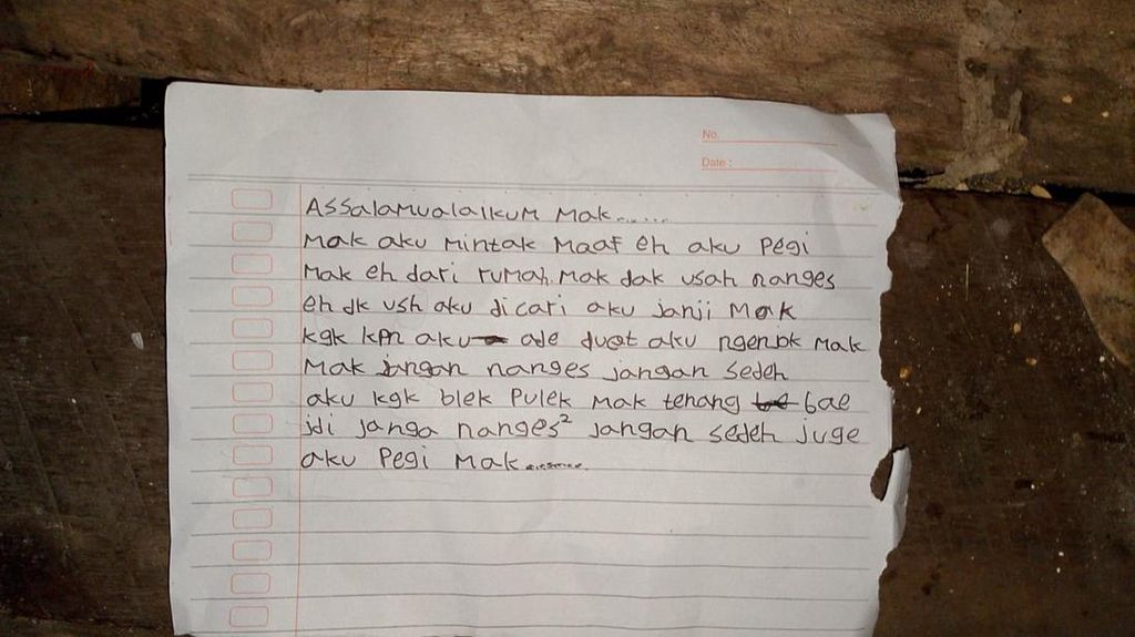 Surat yang ditulis bocah kelas 6 SD di Ogan Ilir sebelum minggat dari rumah.
